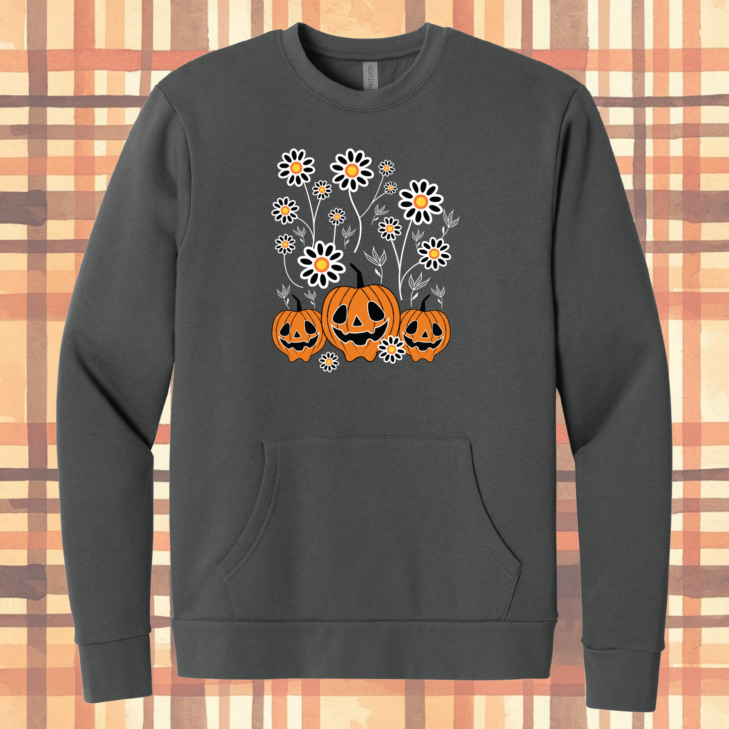 Pumpkins and Daisies Fall Crewneck Sweatshirt with Pocket
