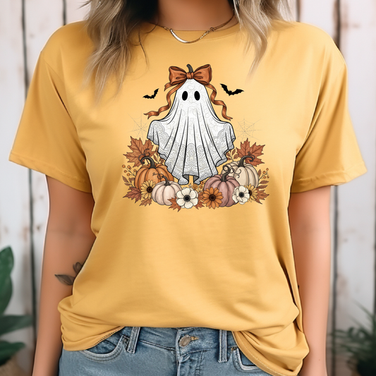 Ghost With Bow, Pumpkins, and Flowers Halloween T-Shirt