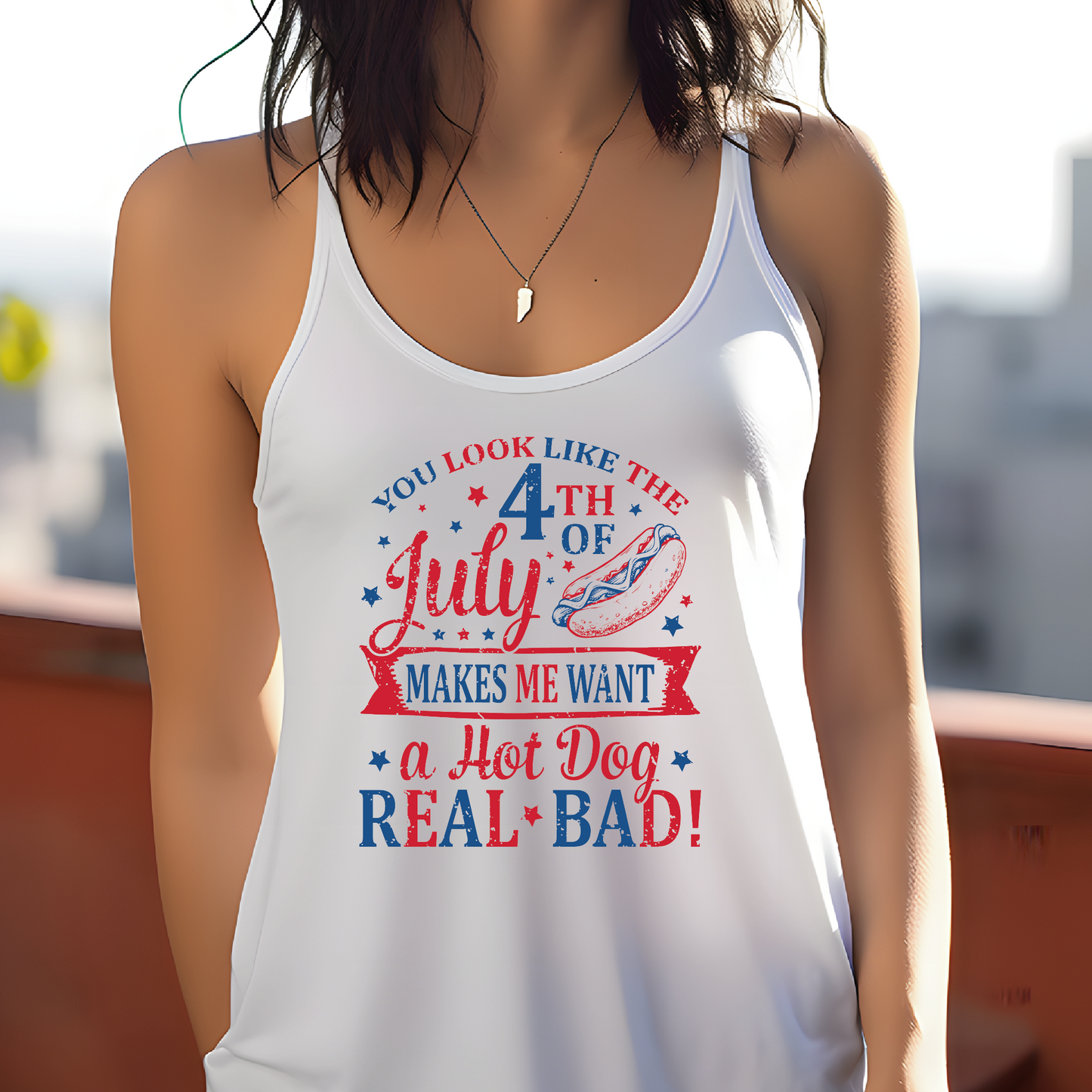 4th Makes Me Want a Hot Dog White Racerback Tank